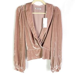 Reformation Anastasia Wrap Top Velvet Long Sleeve Blouse Blush‎ Pink Sz L